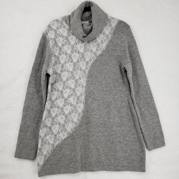 NWT Soft Surroundings Sweater Women Med Gray Lace Wool Blend Cowl Neck Pullover - Picture 1 of 9